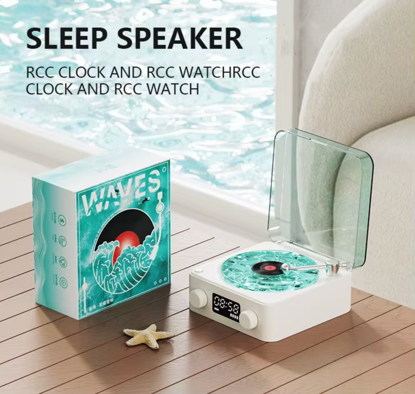 Waves Retro Vinyl Bluetooth Speaker with clock display.